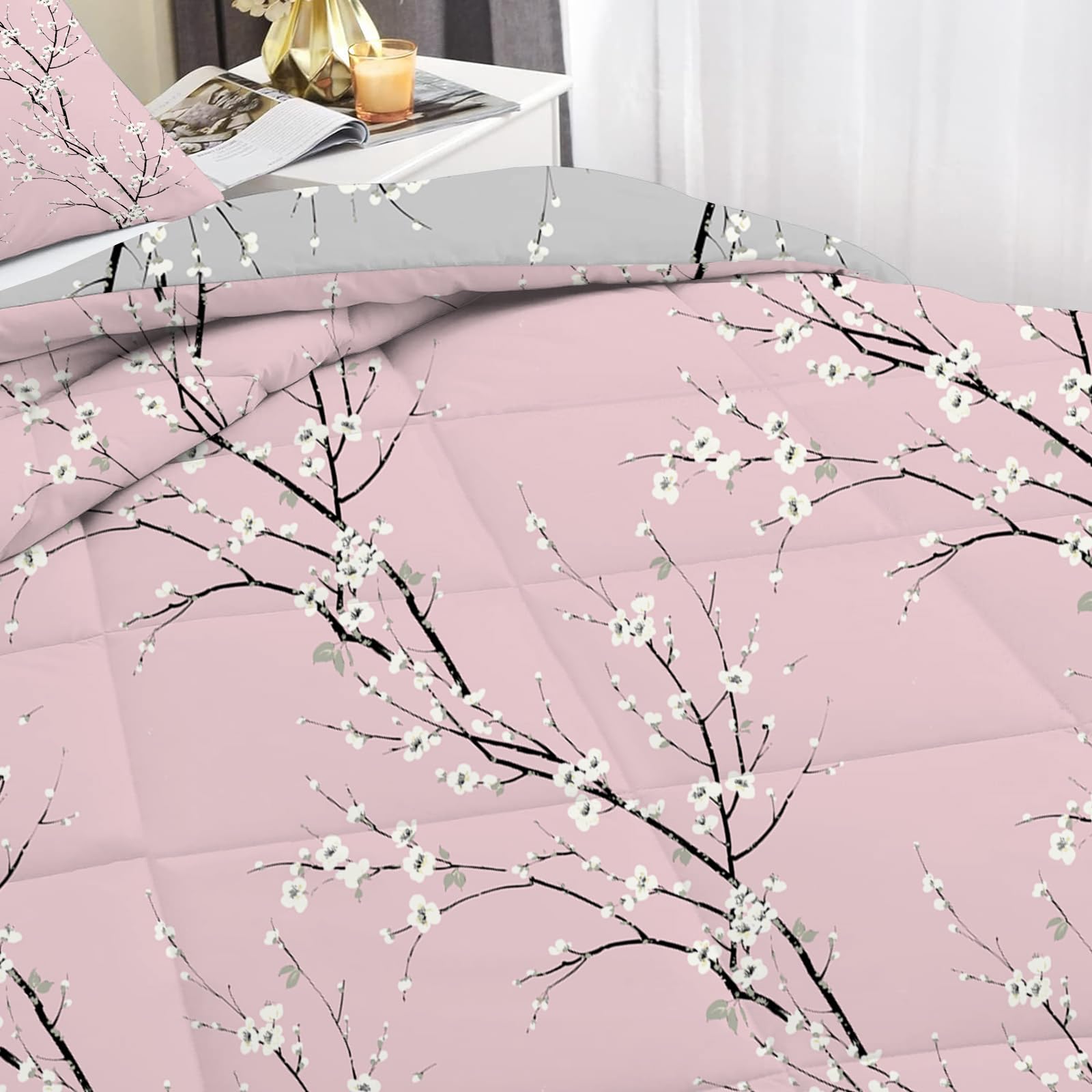 Fleur Prunier Rose Couette Imprimée 4 Saisons 220x240 cm pour Lit 2 Personnes, Branches Grises Edredon Legere, Réversible Couette sans Houss et 2 Taies d'oreiller 65x65 cm