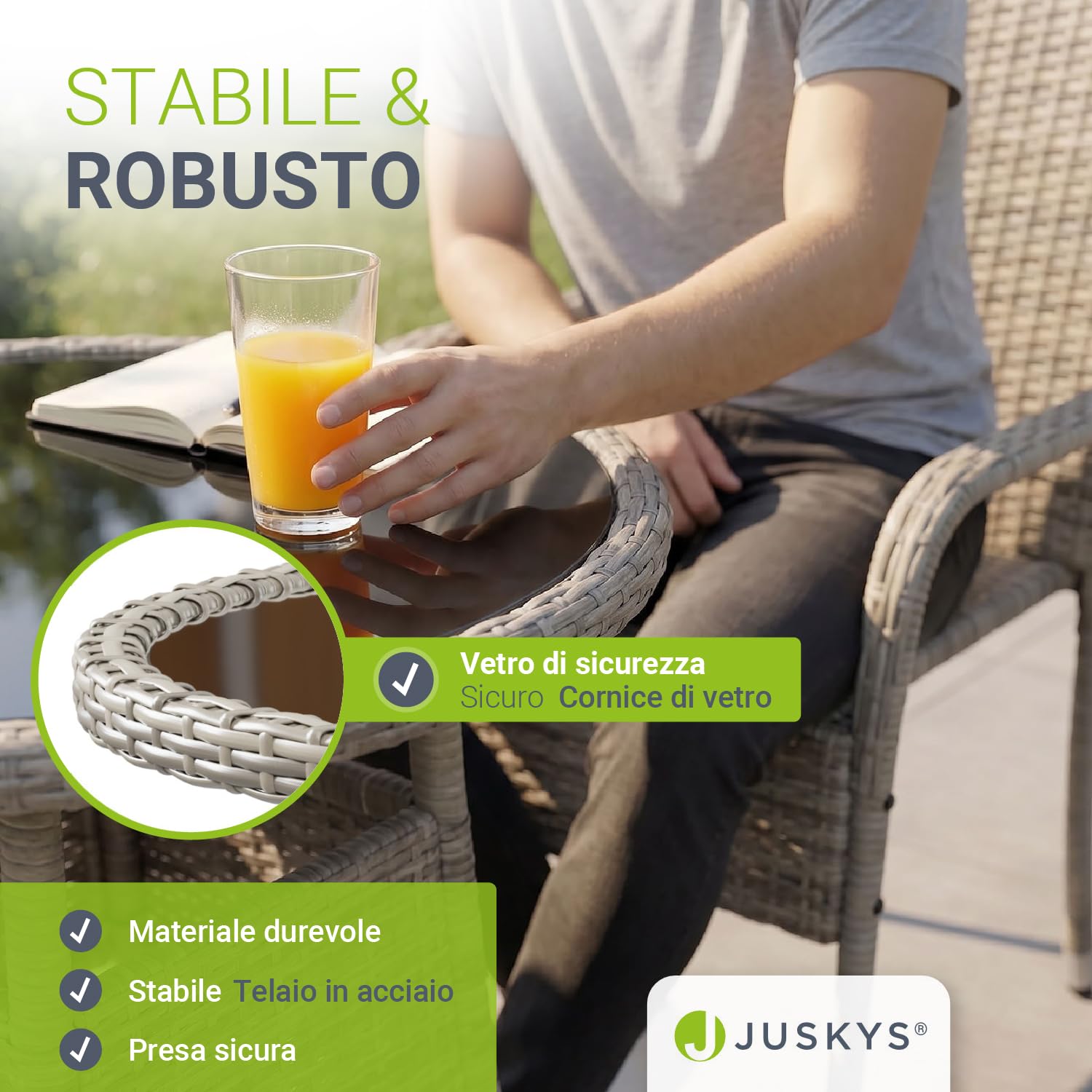 Juskys tavolino da giardino Yoro - Piccolo, rotondo, compatto, resistente alle intemperie - Piano in vetro e polyrattan - Ø 60 cm - Grigio