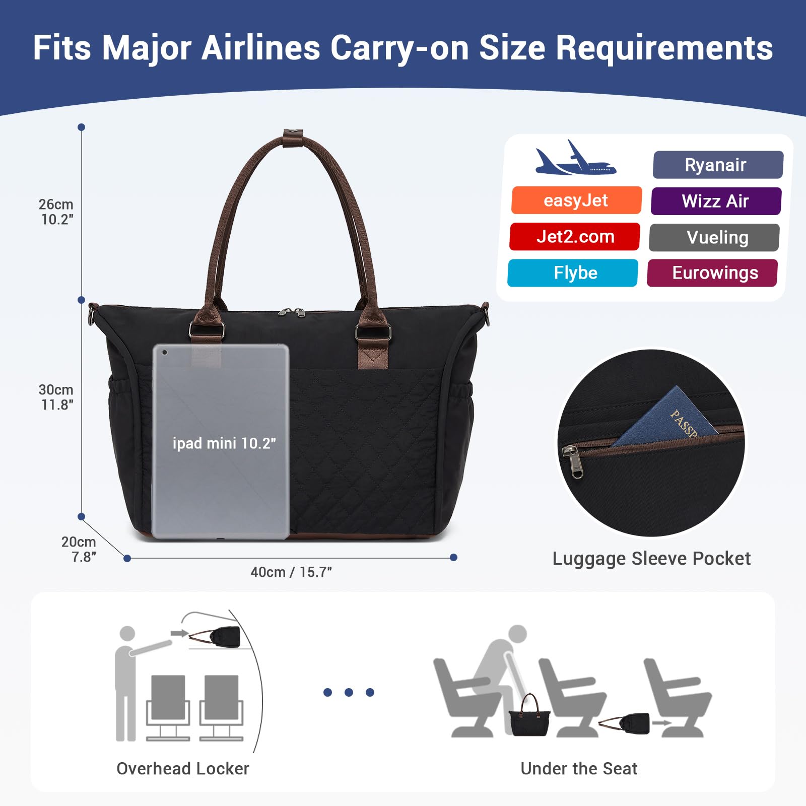Miss Lulu para Ryanair Bolsa de Cabina 40x30x20 Puffer, Bolsa de Viaje Bajo Asiento, Duffel de 24L, Equipaje de Mano, Bolsa de Fin de Semana para Mujeres y Hombres — view 2