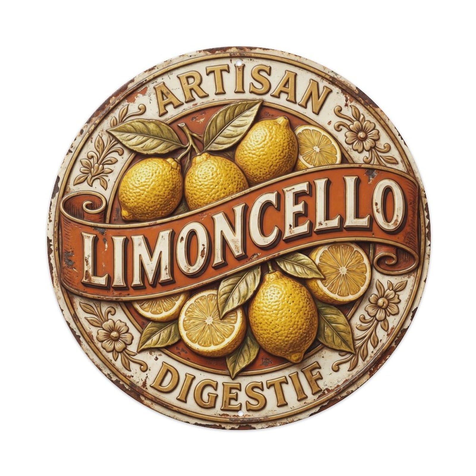 Artisan Digestif Limoncello Vintage Metal Tin Sign Plaque Wall Decor for Cafe, Club, Garden Round Metal Poster 8x8Inch