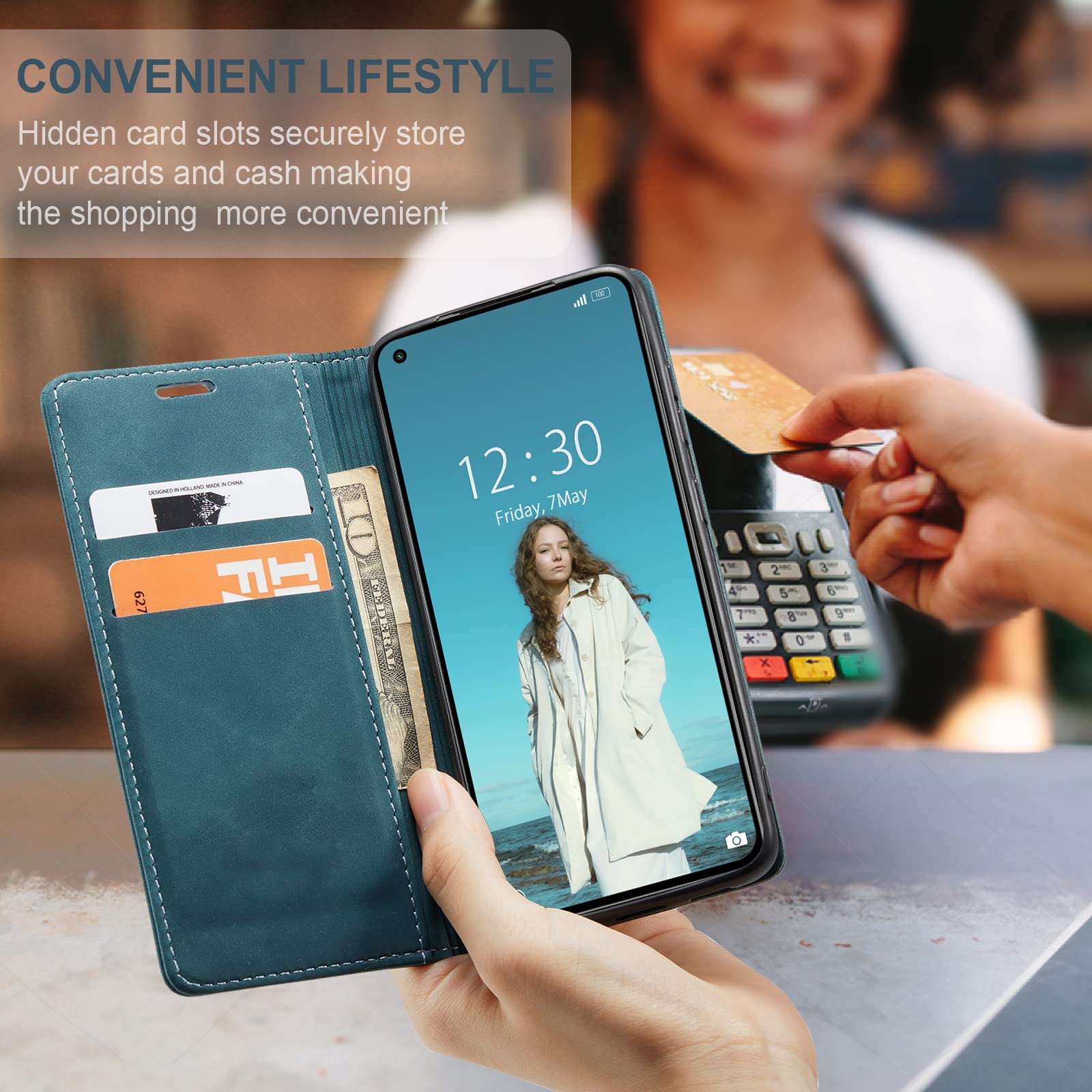 Casecond Leder Flip Case Für Xiaomi 13 5G – Mit RFID-Schutz, Magnet-Kickstand & Kartenfächern, Blaugrünes PU-Leder