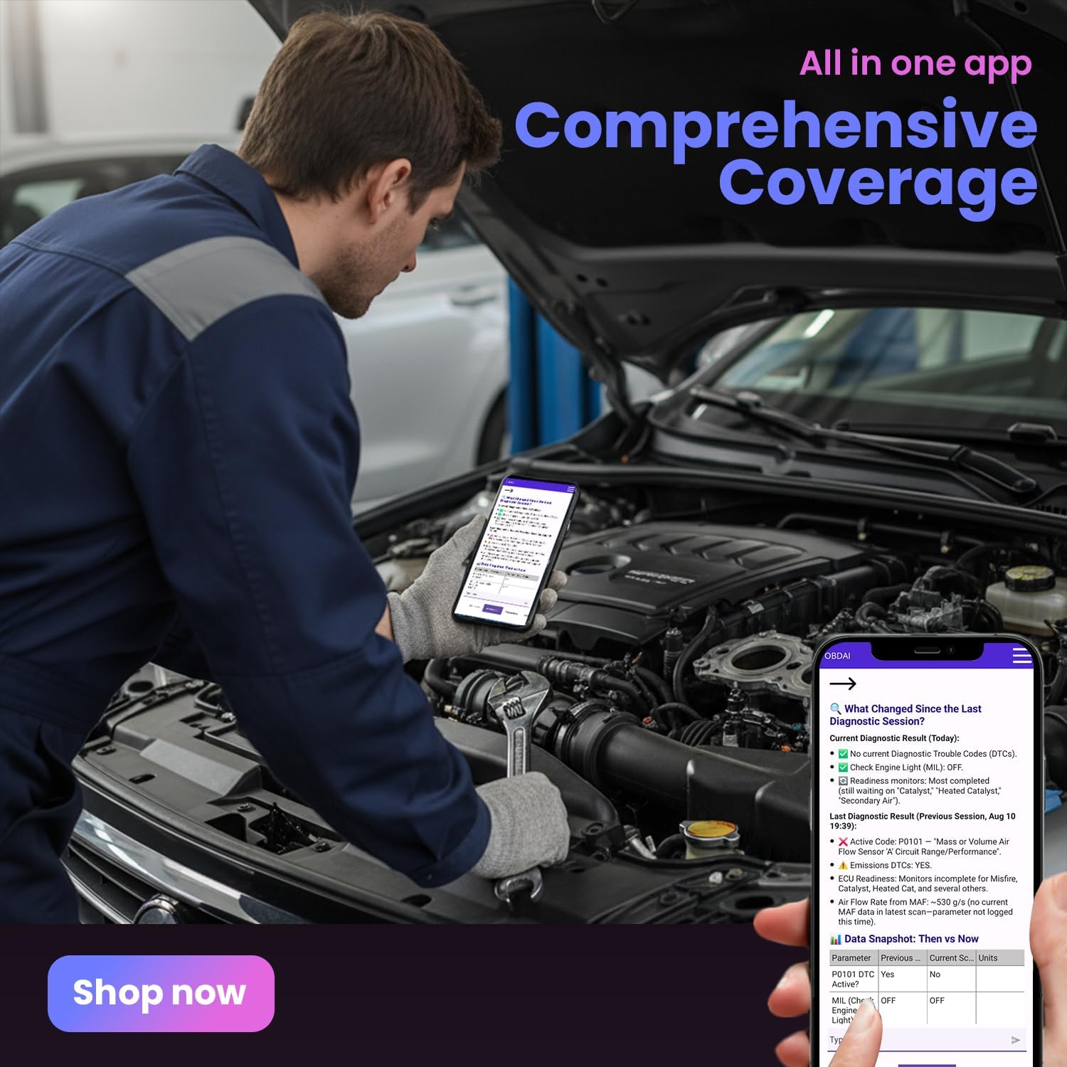 AI-Powered OBD2 Scanner, Wireless Vehicle Diagnostic Tool with Visual Repair Assistance, iOS Android Windows Compatible, Universal Fit for 1996+ Vehicles