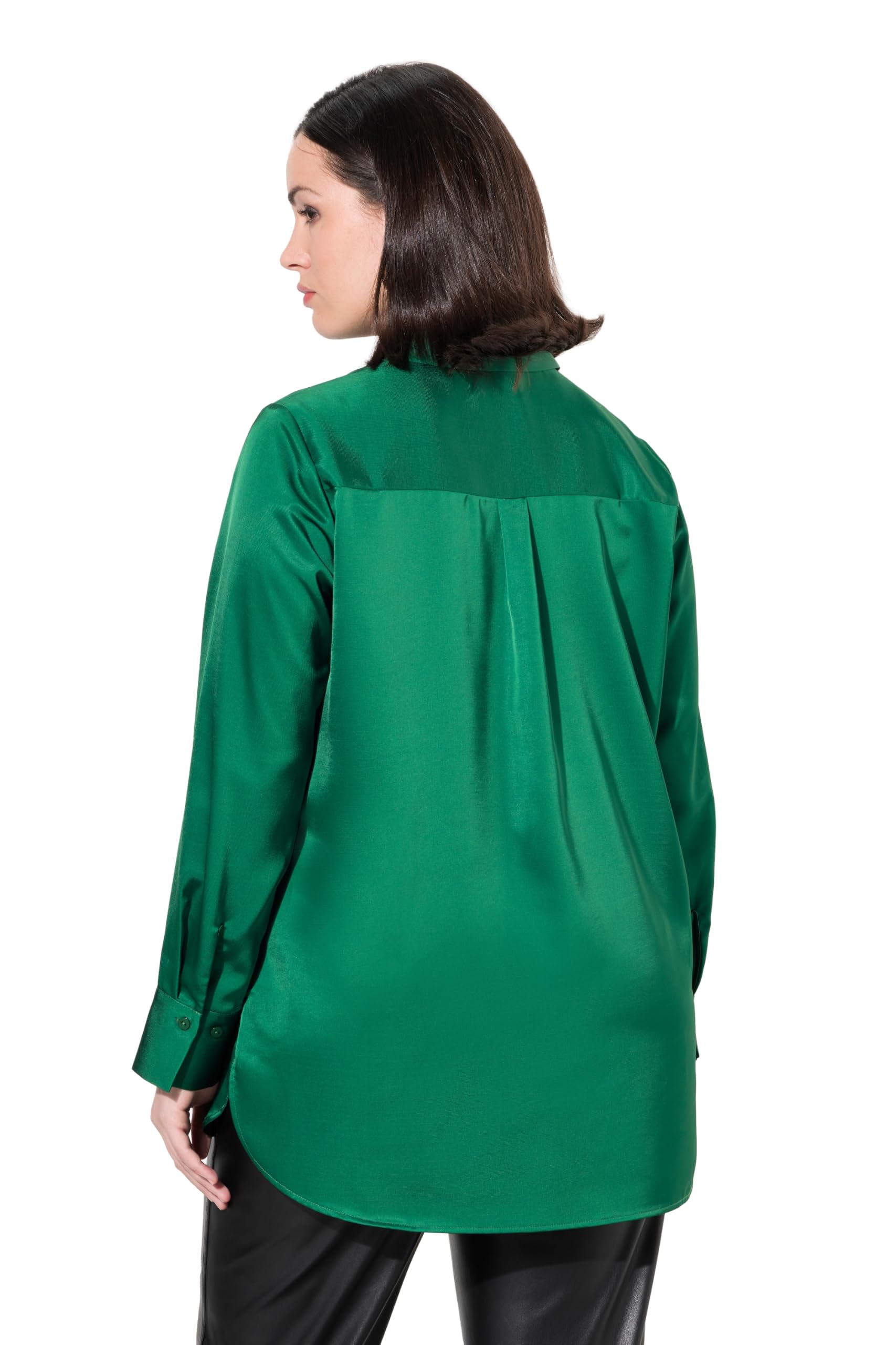 Ulla Popken Damen große Größen Übergrößen Plus Size Satin-Hemdbluse, hinten länger, Hemdkragen, Langarm