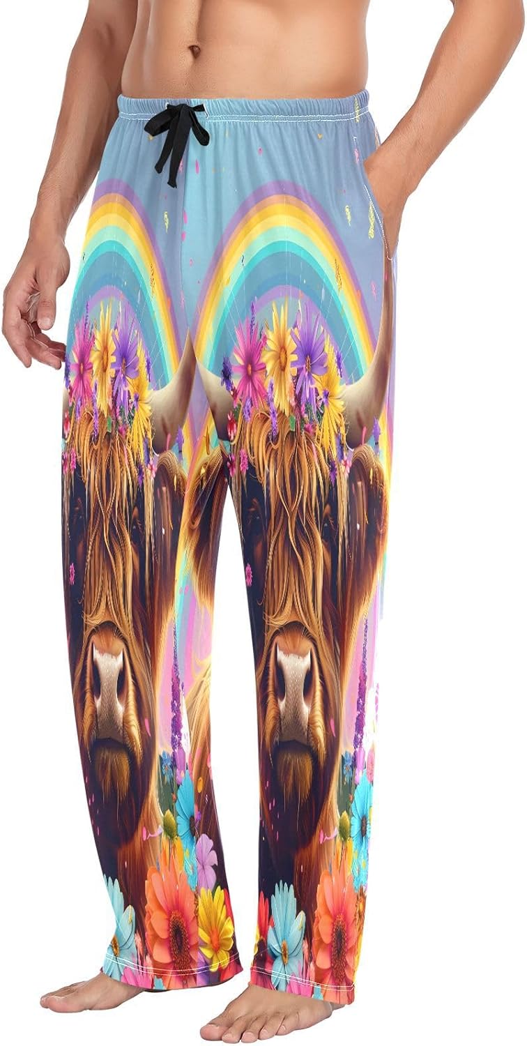 ALAZA Cow Bull Rainbow Daisy Men's Pajama Pants Men Cotton Pajama Bottoms with Pockets, S