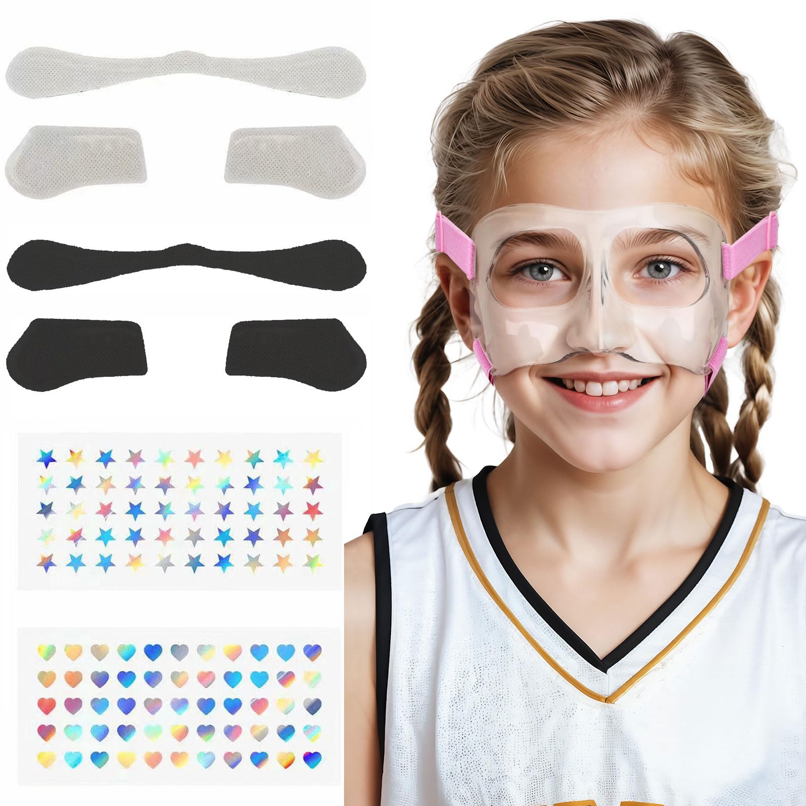 WALKEREN WR01B Girls Nose Guard for Broken Nose Adjustable Basketball Soccer Sports Face Mask with Foam Padding and Stickers for Youth Teens (Pink)