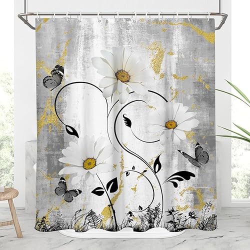 AAtter Cortina de ducha con flores florales negras y doradas, margaritas blancas, grises, mariposas, amarillo, mostaza, hojas abstractas, plantas