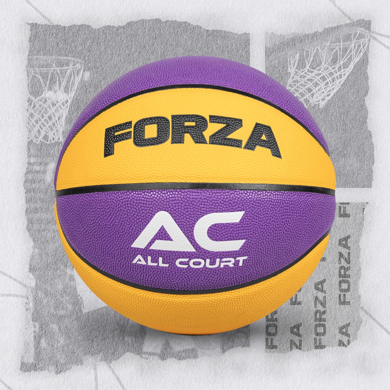FORZA All Court Basketballs | Durable PVC Leather Basketballs with Traditional Pebbled Finish - Superior Grip and Consistent Bounce for Indoor & Outdoor Play (Pack of 5, Purple & Yellow, Size 7)
