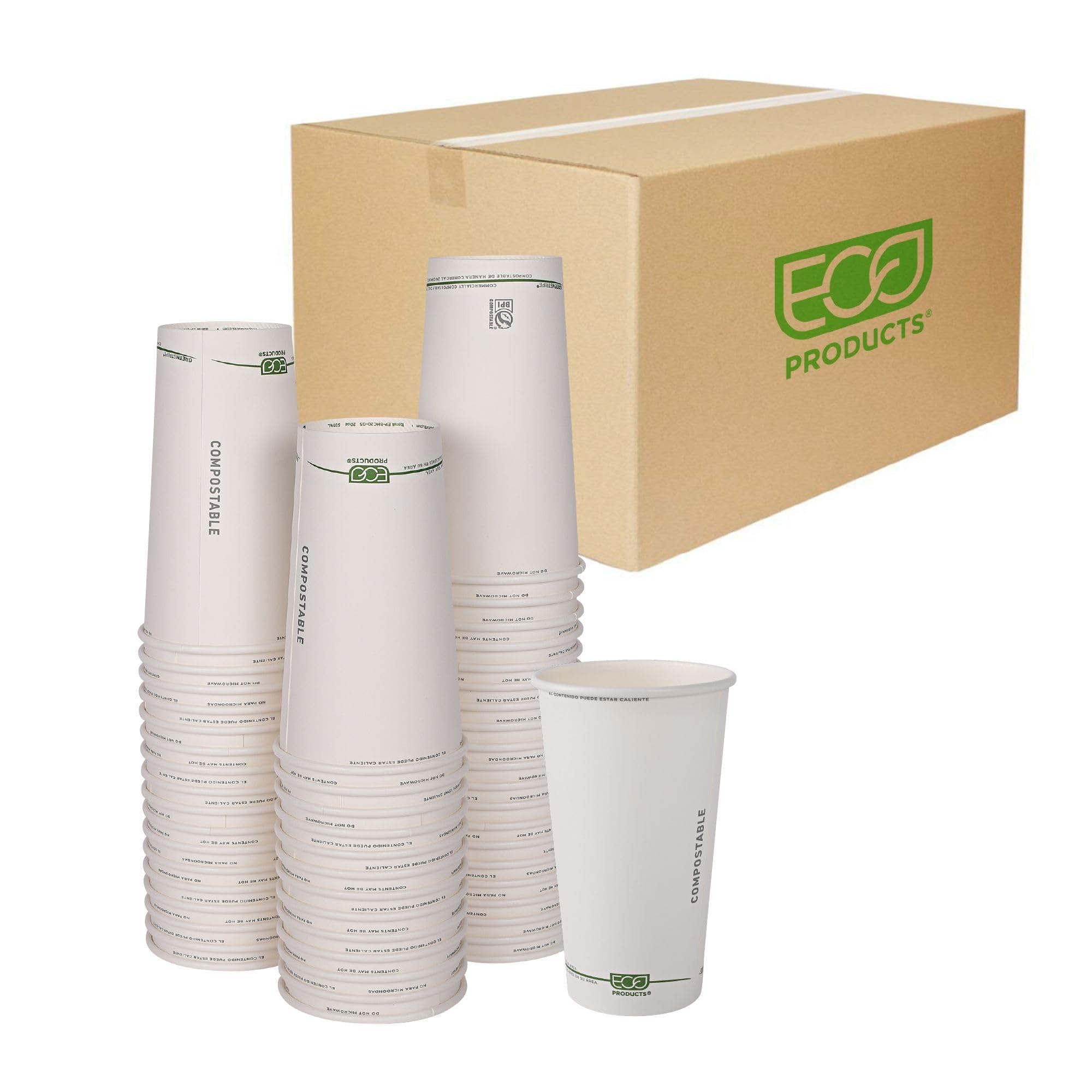 ECO PRODUCTS Compostable Disposable GreenStripe 20oz Coffee Cups, Case of 1000, White Single Wall Hot Paper Cup, Plant Based PLA Lining, Biodegradable
