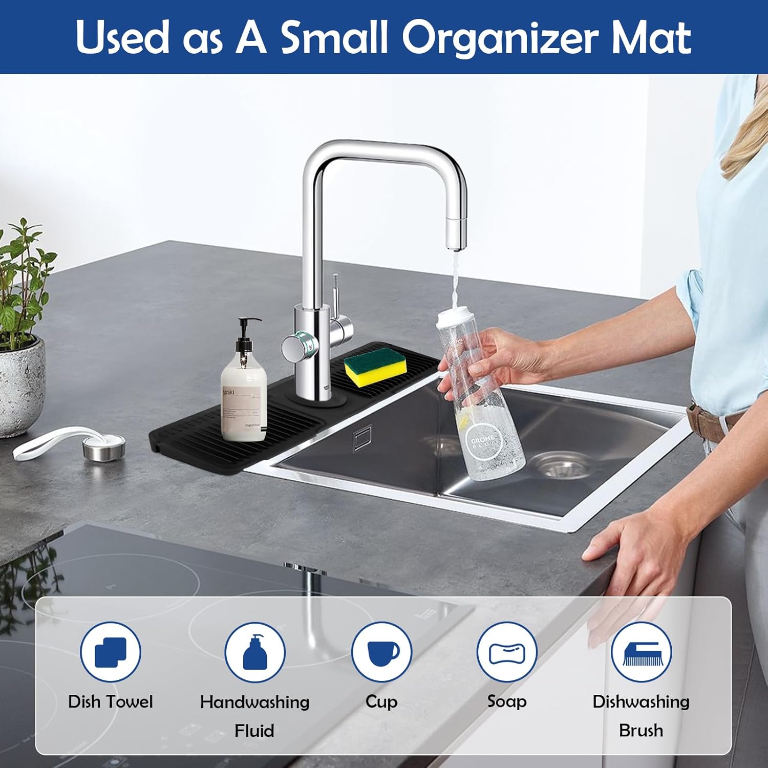 24"Longer Silicone Faucet Mat For Kitchen Sink Splash Guard -7° Slope Snap Lock- Sink Faucet Mat Splash Guard Kitchen Sink Area Silicone Sink Water Splash Guard Behind Faucet (Black, 24"x5.5")