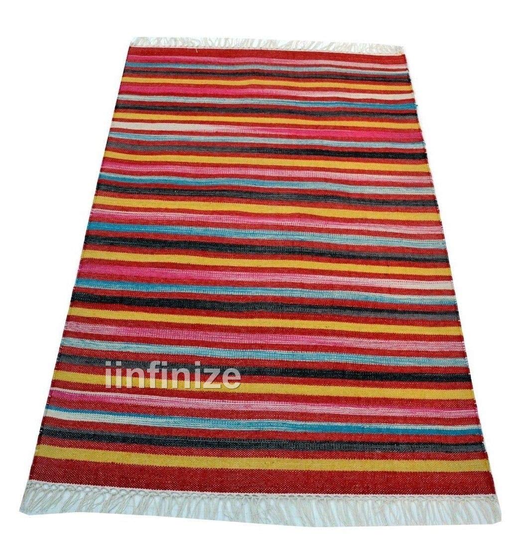 Tapis de sol en laine et coton fait à la main - Style bohème traditionnel - 91 x 152 cm - Réversible