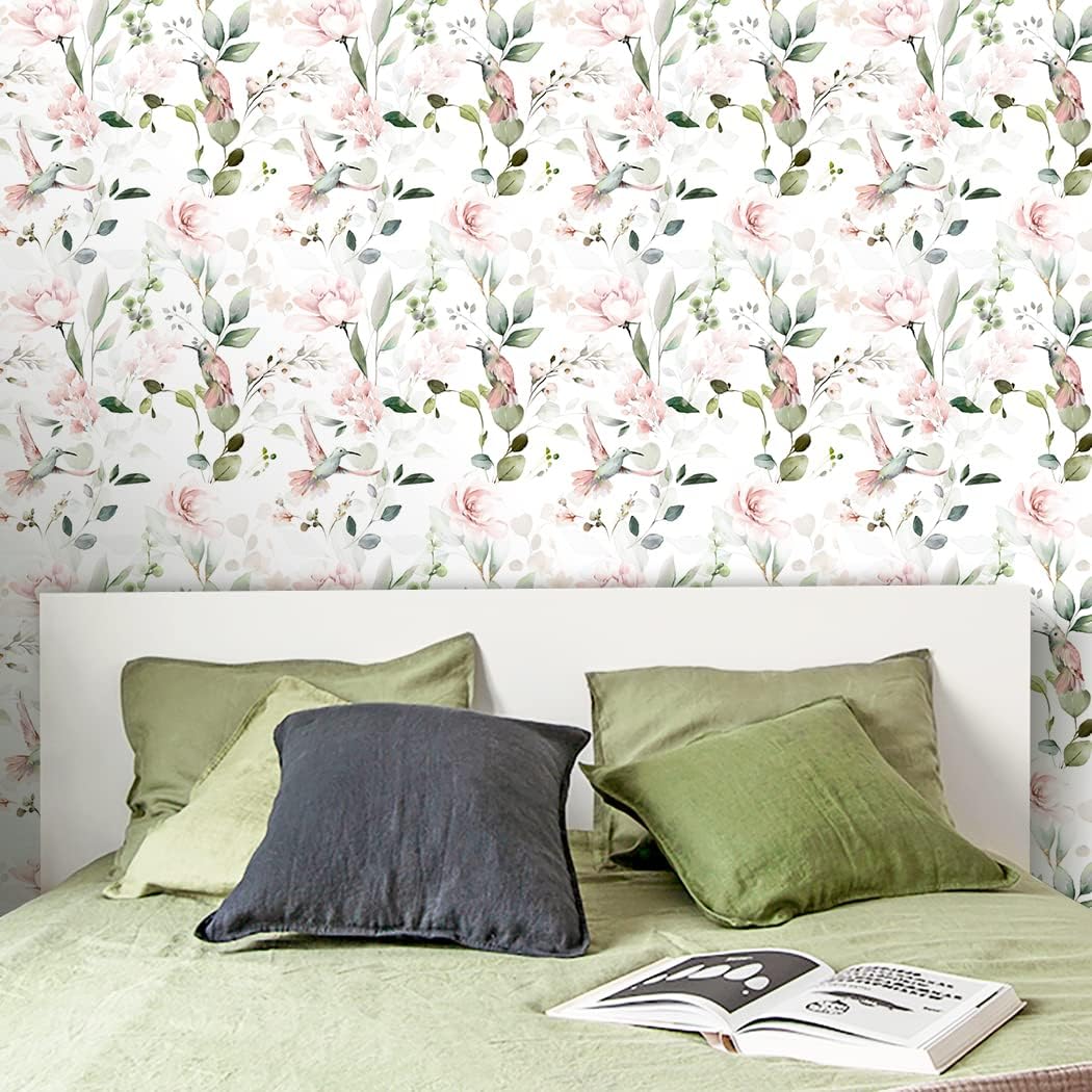 Pink Peony Peel and Stick Wallpaper Vintage Self Adhesive Flower Birds Wallpaper Removable Paper Wall Covering Shelf Drawer 17.7in x 9.8ft
