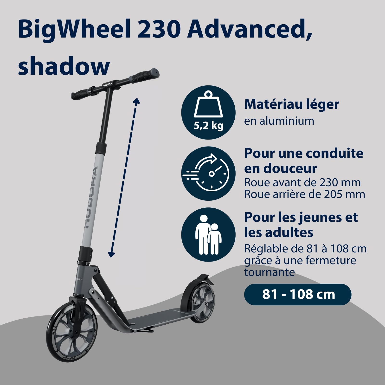 HUDORA BigWheel 230 Advanced Trottinette silencieuse et Pliable en Aluminium pour Enfants Adolescents et Adultes jusqu'à 120 kg
