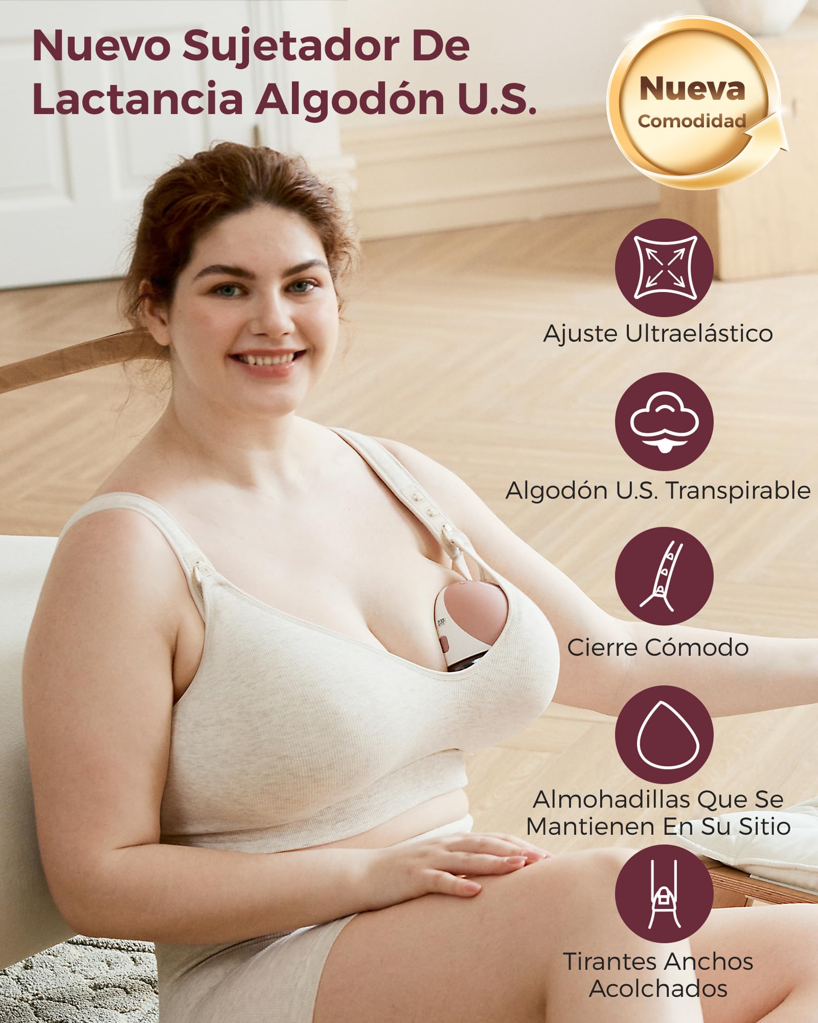 Momcozy Sujetador de lactancia con pechos grandes, sujetador de algodón sin aros con relleno fijo, ajuste completo, ajustable