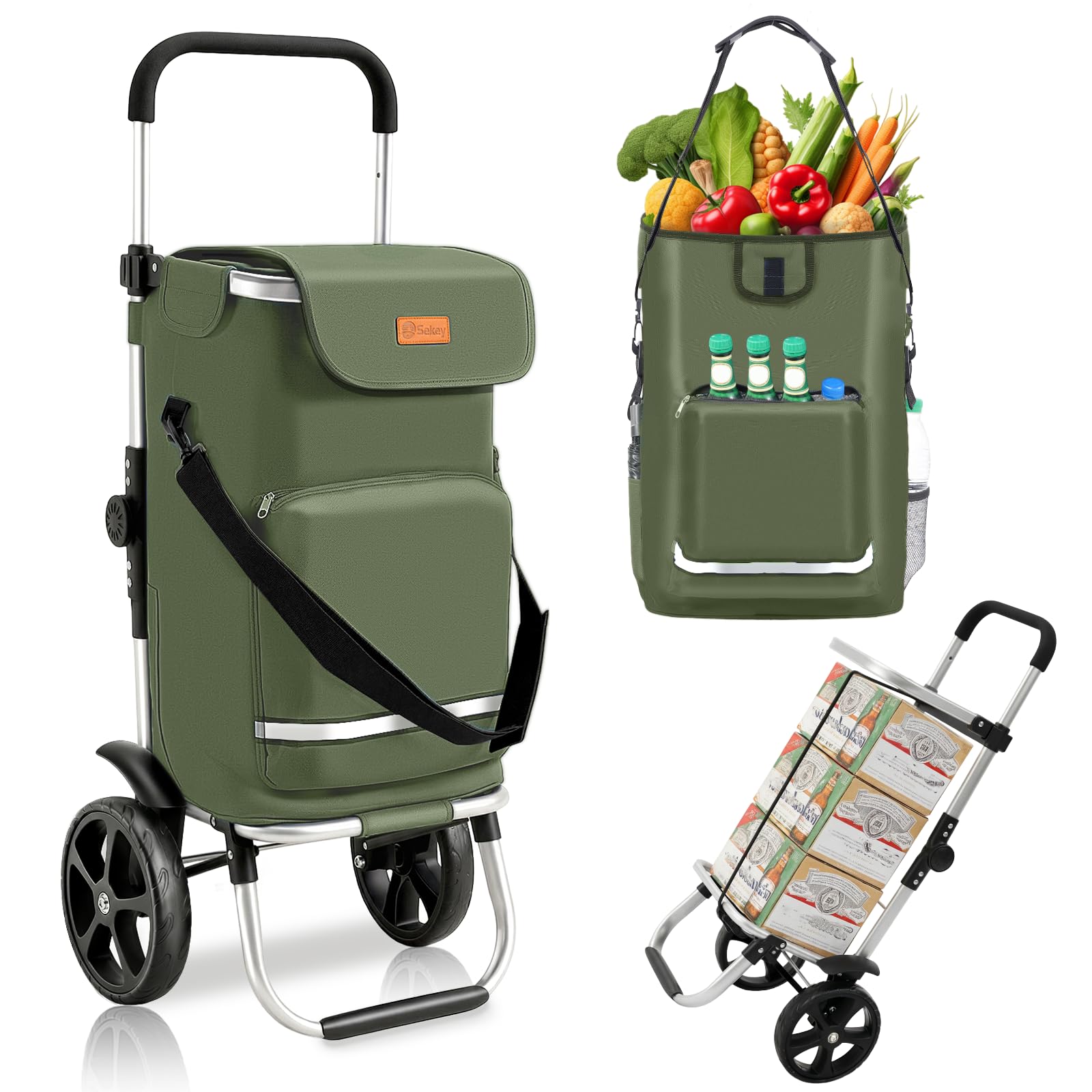 Sekey Einkaufstrolley klappbar 3in1, XXL Einkaufswagen faltbar mit Kühlfach, Trolley mit Schultertasche, Olivgrün