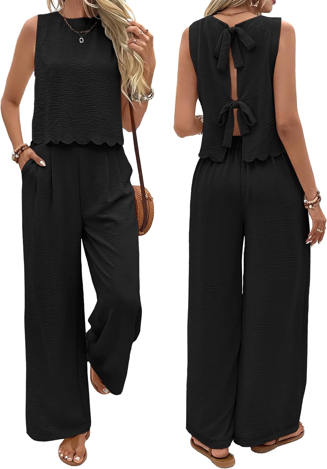 Sixstar Women's Two Piece Summer Outfit Backless Tie Back Vest Wide Leg Flowy Beach Pants Casual Vacation Matching Sets