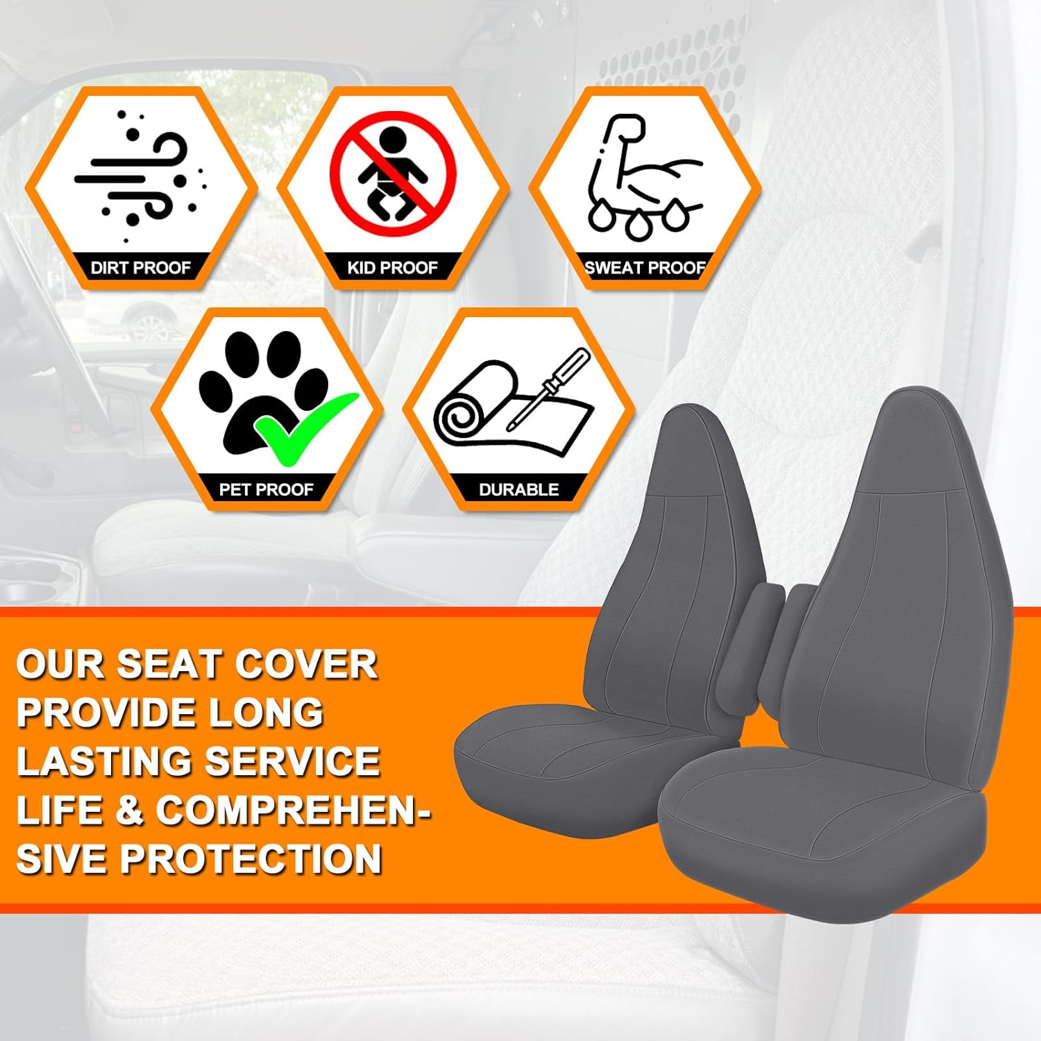 Seat Cover Compatible with 1996-2009 Chevy Express & GMC Savanna, Front Captain Chairs with Molded Headrests & Inside Armrest, Charcoal