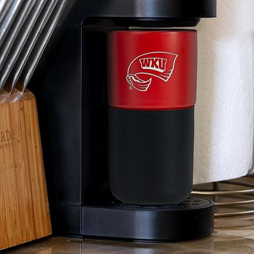 Miniatura 319 de Rico Industries NCAA Miami of Ohio Redhawks - Vaso de cerámica de 16 onzas con agarre de silicona, grabado láser profundo, diseño de color negro
