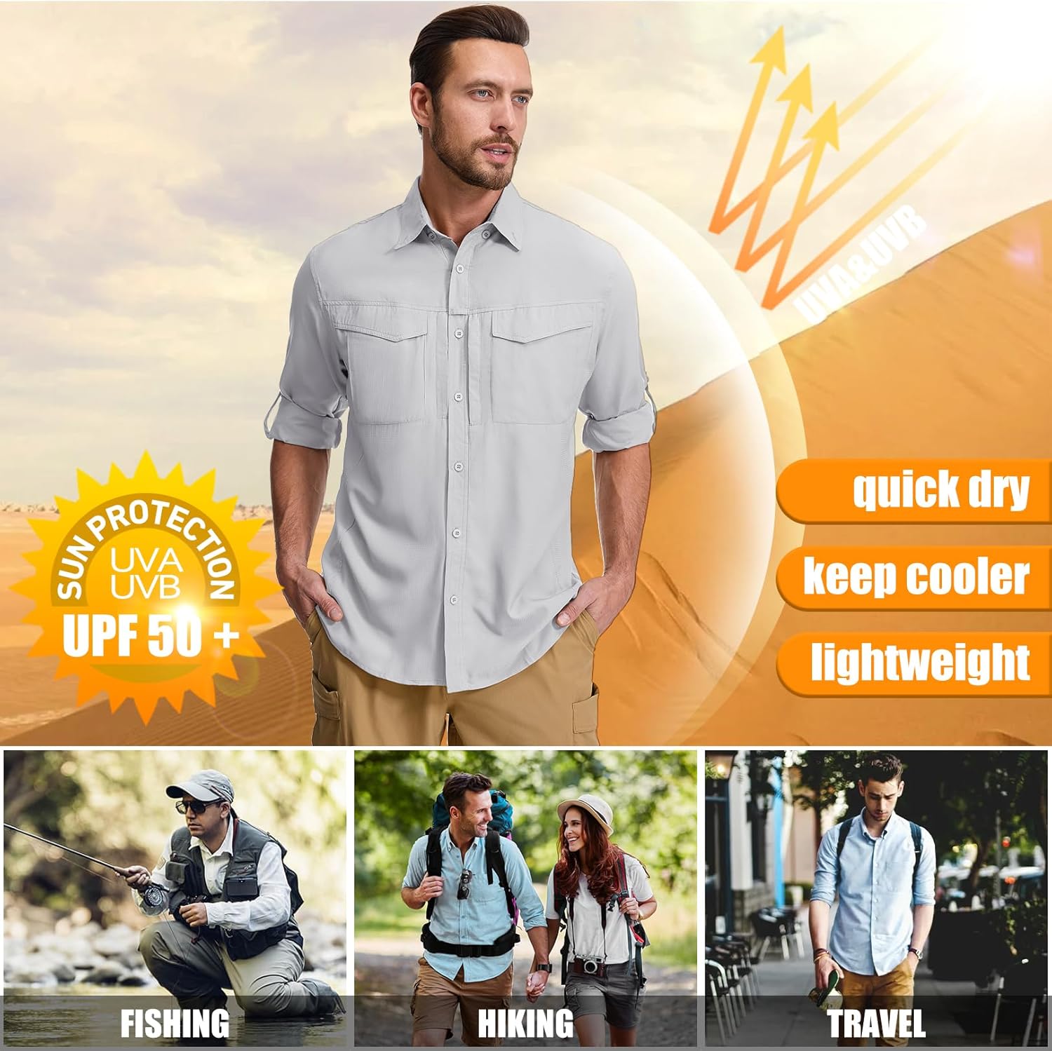 mixtiq Men's Sun Protection Safari Shirts Long Sleeve UPF 50 UV Quick Dry Travel Hiking Fishing Shirts with Zipper - Image 6