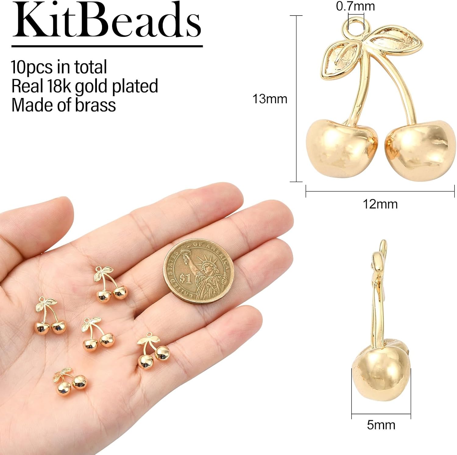 KitBeads 10Pcs Brass Cherry Charms 3D Sweet Food Friut Charm for Jewelry Making Necklace Bracelets Crafts Earrings Crafts - Image 2