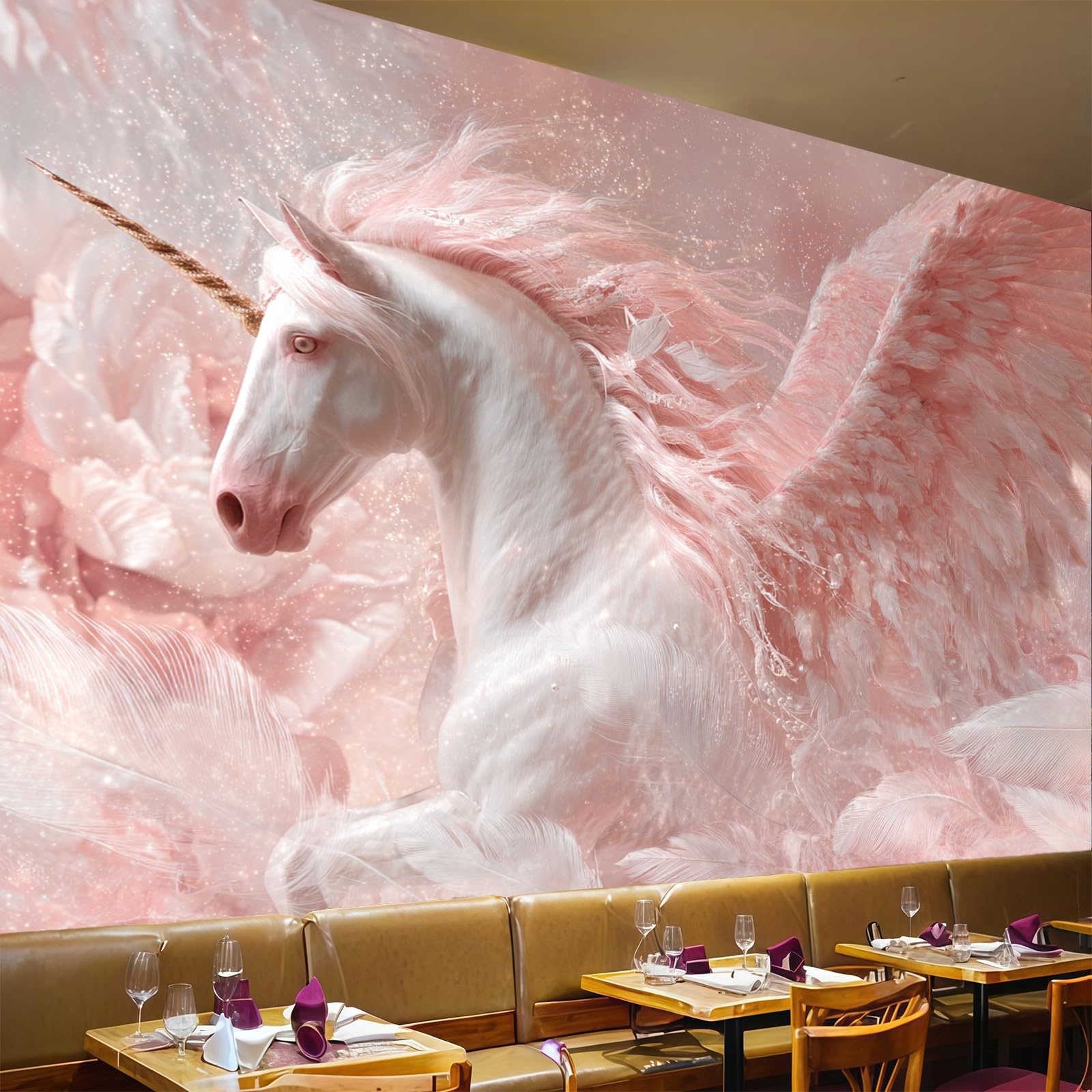 Papier peint panoramique licorne 450 x 315 cm poster géant rose murale chambre