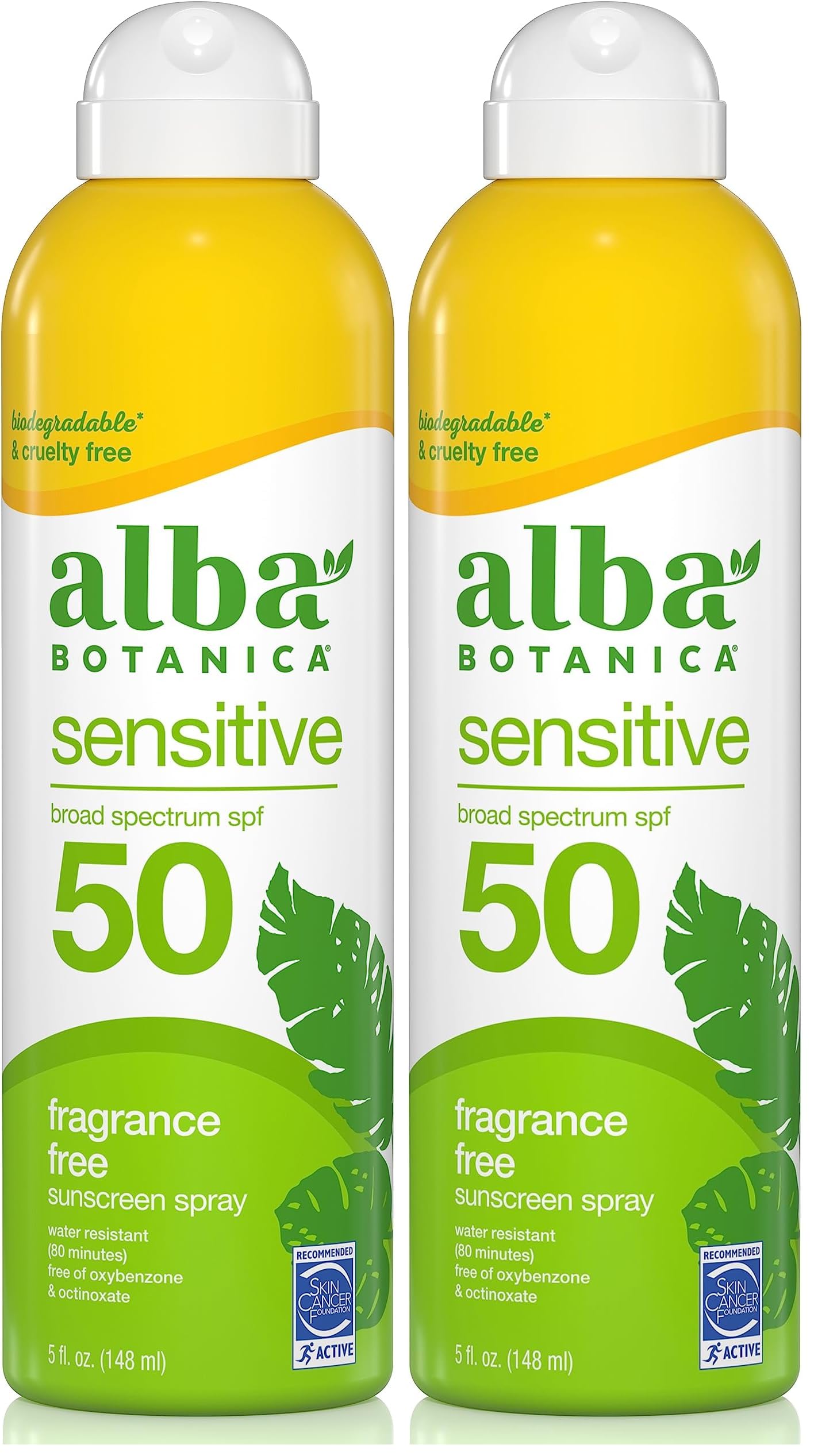 Alba BotanicaSensitive Sunscreen Spray for Face and Body, Fragrance-Free, Broad Spectrum SPF 50, Water Resistant, 5 fl. oz. Bottle (Pack of 2)