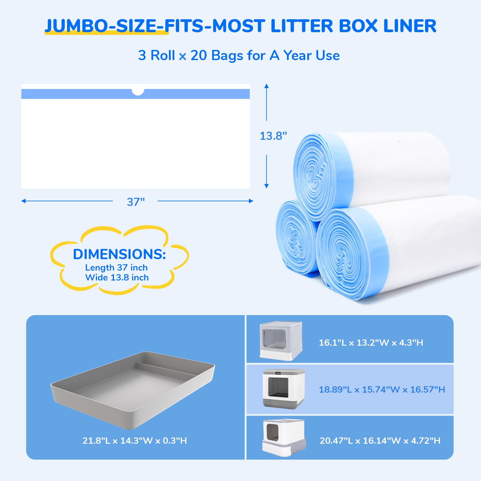 60 Count Jumbo Litter Box Liners Compatible with Pet* Scoop Free Self-Cleaning Box Pan, Size 37'' x 13.8”, Cat Litter Liner with Drawstring, Tear & Leak Resistant Cat Litter Box Waste Bags