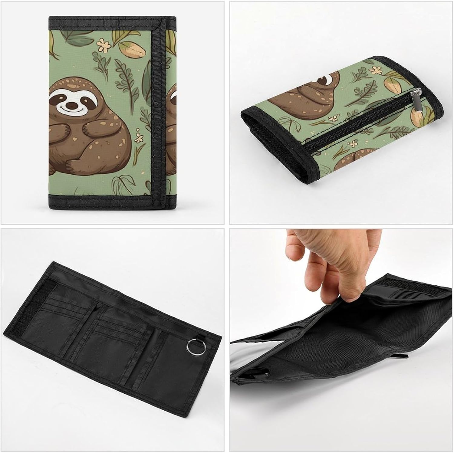 Trifold Canvas Wallet with Keychain, Modern Fashion Credit Card Holder Wallet for Men Women, Sloth on The Grass Slim Wallets W/Zipper Coin Pocket, Novelty Birthday Gift