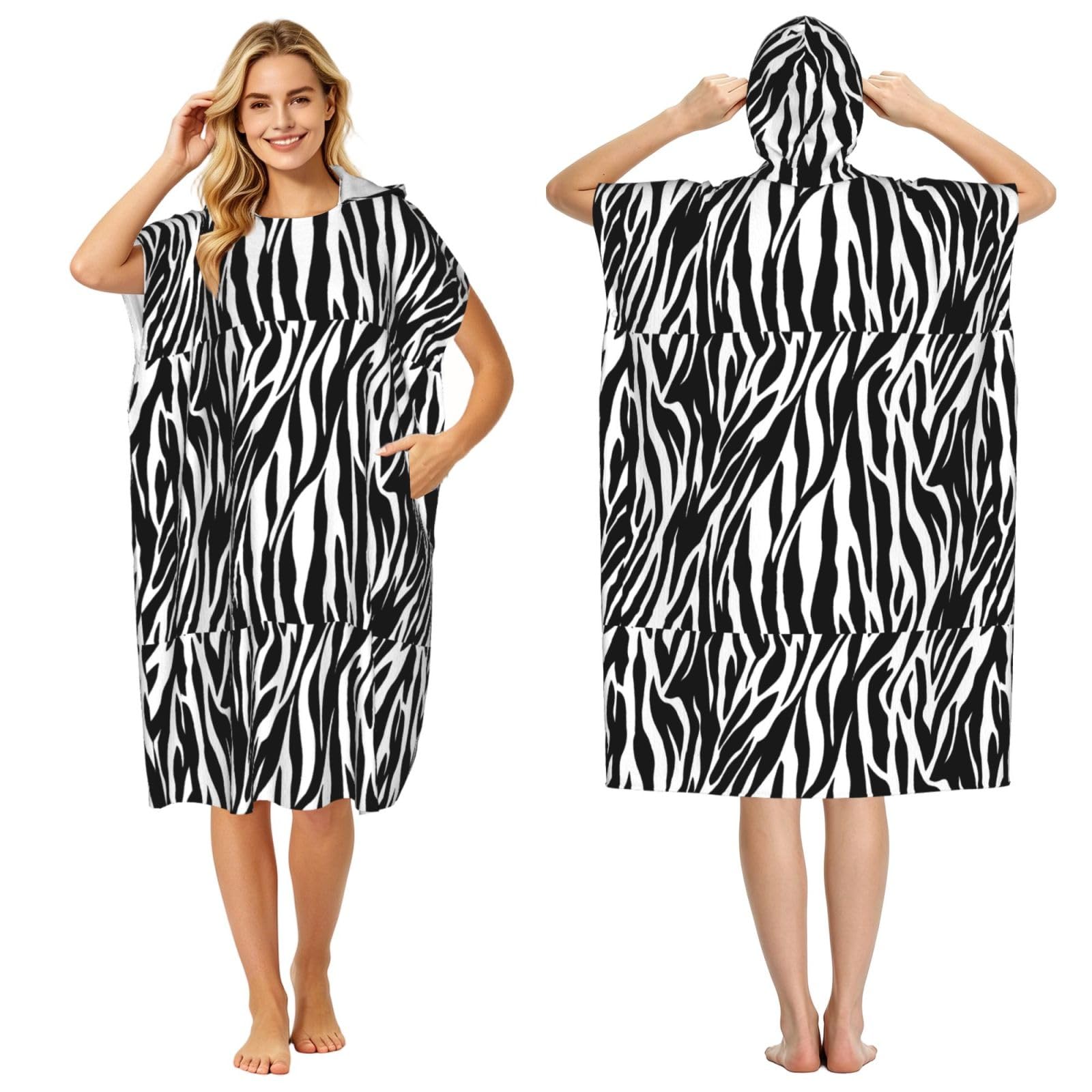 Poadnly Zebra Print Print, Adult Hooded Beach Towel 90 x 110 cm,Changing Bath Robe, Surf Poncho Towel For Women Men