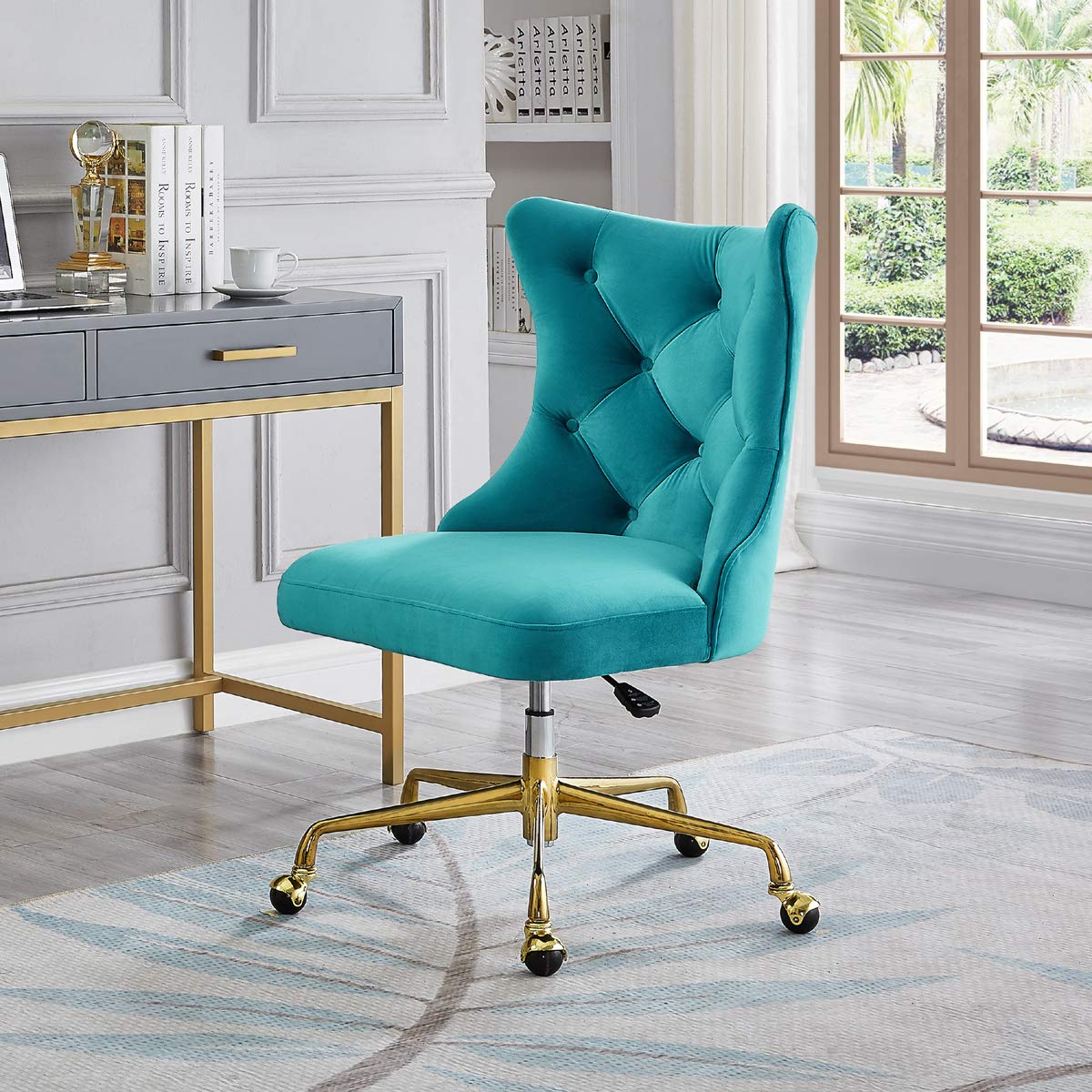 Photo 1 of 24KF Velvet Upholstered Tufted Button Home Office Chair with Golden Metal Base,Adjustable Desk Chair Swivel Office Chair - 7081-Marina Blue office chair Marina Blue Office Chair