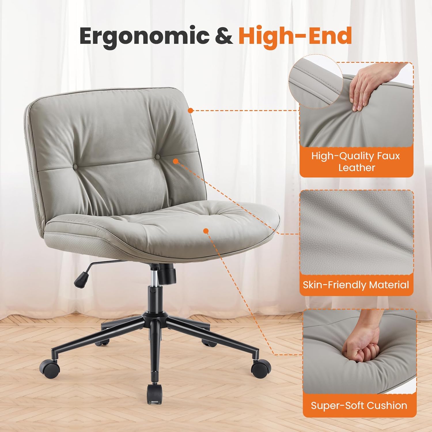 Sweetcrispy Armless-Office Desk Chair with Wheels, Cross Legged Wide Chair, PU Leather Comfortable Adjustable Swivel Computer Task Chairs for Home,Office,Make Up,Small Space,Bed Room Grey