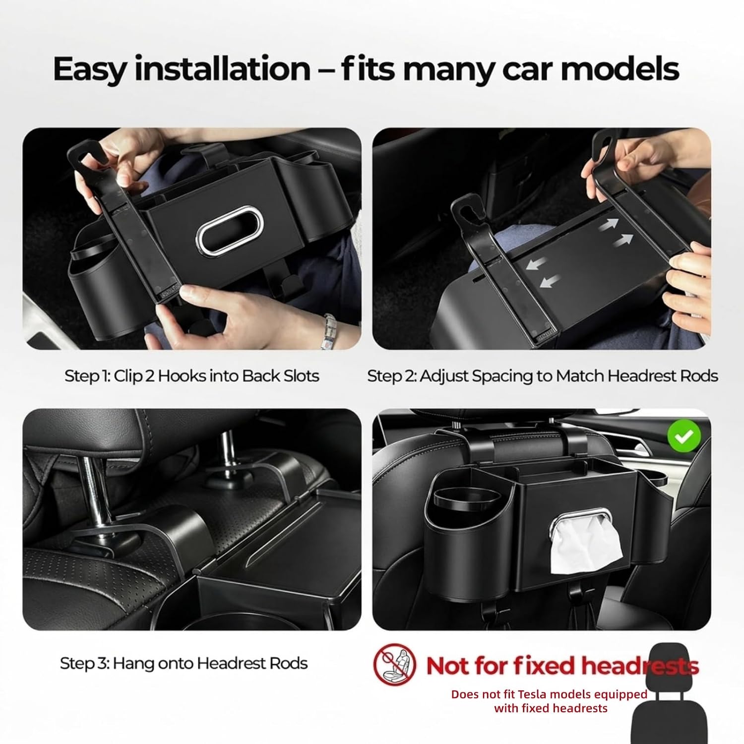 Back Seat Car Organizer, 4-in-1 Multifunctional Storage Box with Drink Cup Holders & Tissue Holder, Nappa Leather Design, for a Wide Range of Vehicles, Easy to Install (Black)