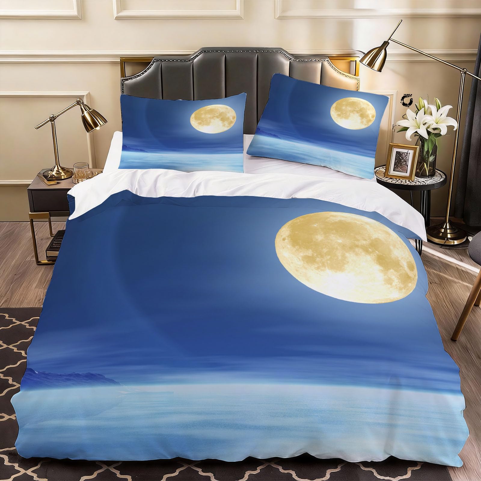 3D Moon Duvet Cover Night Sky Bedding Super King Bed Set, Soft Microfiber Comforter Cover Printed with Zipper Closure Quilt Coverr 260x220 cm and 2 Pillowcases