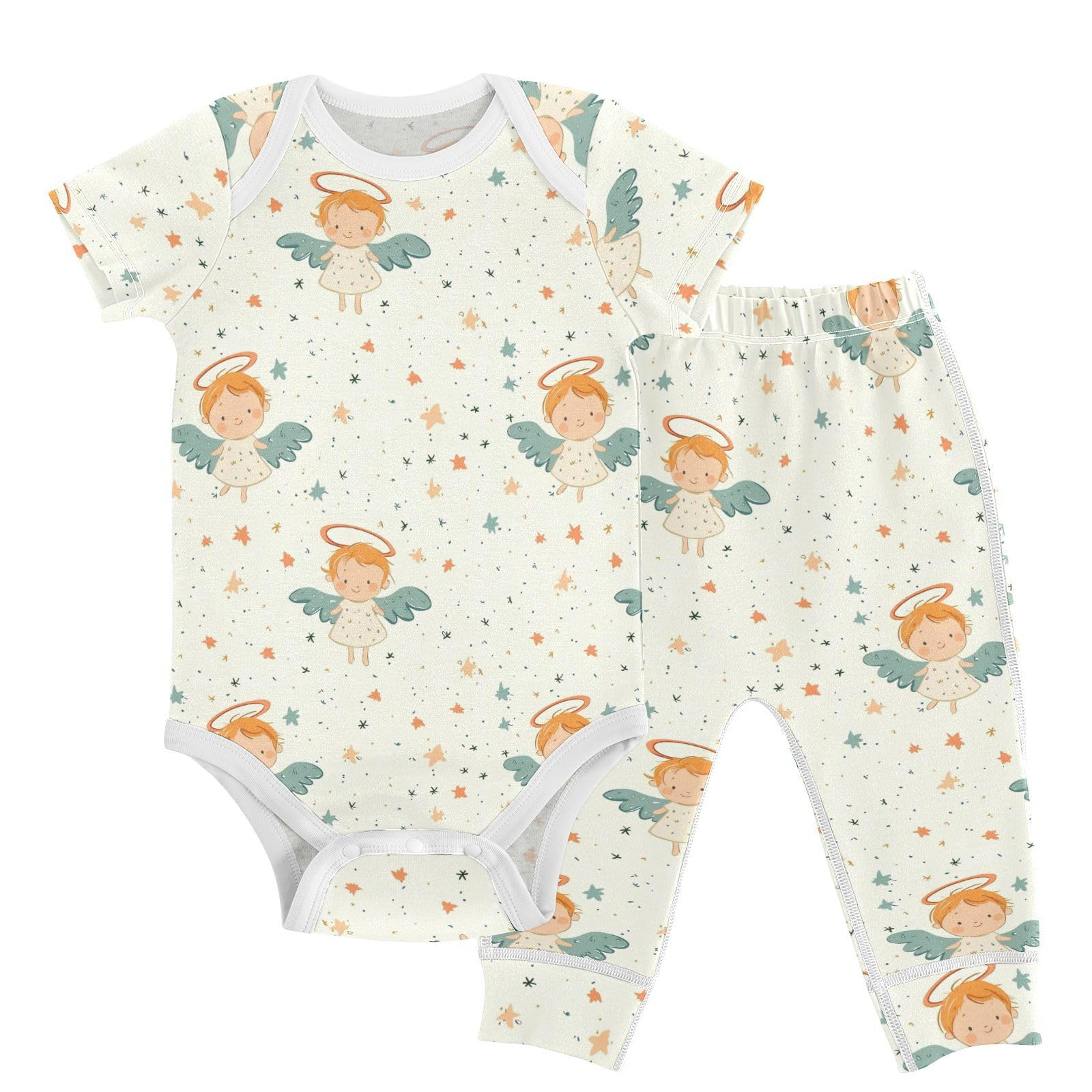 vvfelixl Baby Layette Sets Clothes,Cartoon Angel with Halo Baby Bodysuits Set,Unisex Babys Pants Sets Short Sleeve 12-18M