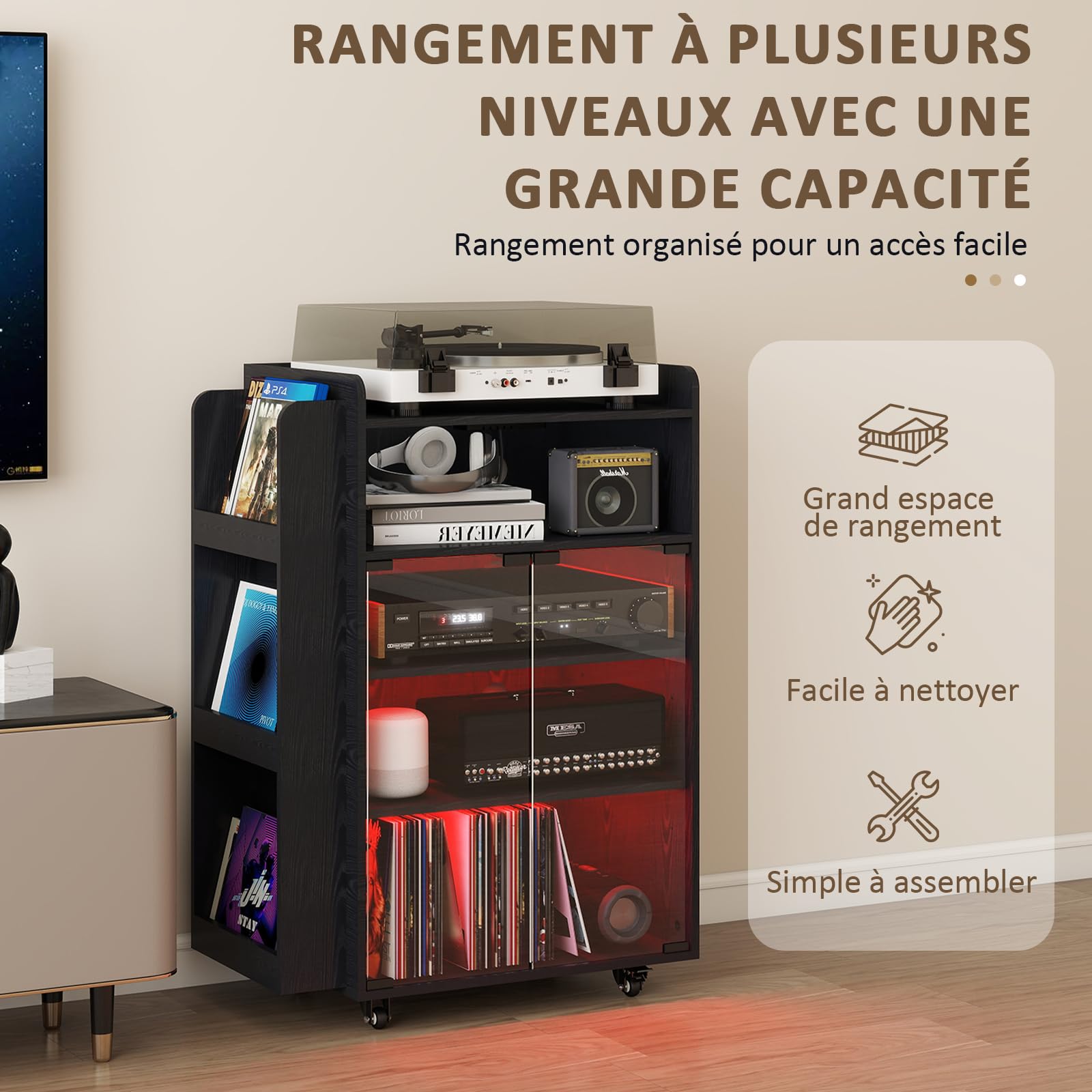 YU YUSING Meuble Vitrine CD Chaîne HiFi à 5 Niveaux avec Éclairage RGB 20 Couleurs, Prise Intégrée et Roulettes, Meuble Platine Vinyle, Étagères Réglables pour Tourne Disque, DVD, Salon/Bureau/Studio