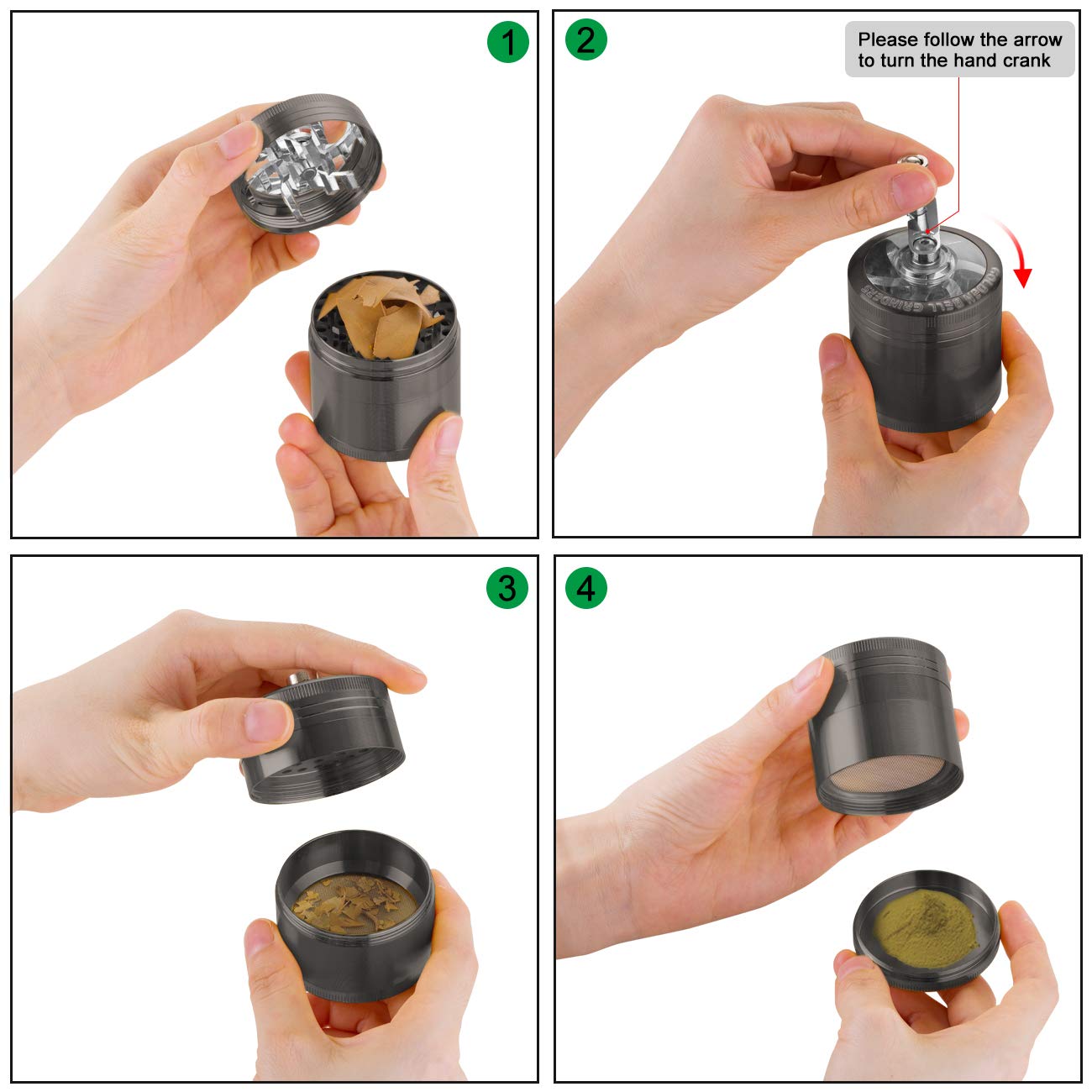 LIHAO Grinder Moulin a Herbes Epices en Zinc Alliage, 5.3cm 4 Pieces avec Manivelle-Nickel Noir