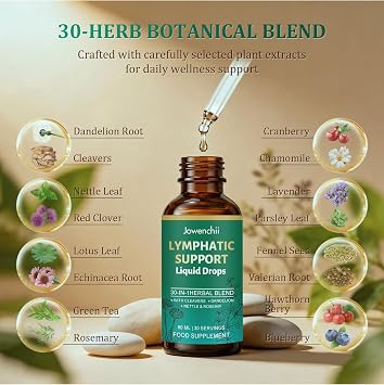 Lymphatic Drainage Drops, 30 in 1 Lymphatic Support Liquid Drops with Cleavers, Dandelion Root, Nettle Leaf & Burdock Root for Immune, Lymph System Cleanse Support, Liver Health, 60ml,30 Servings