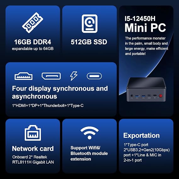 Mini PC Window 11, 16GB DDR5 512GB M.2 SSD Portable Computer, Multi-Port, Support Four Displays Synchronous Asynchronous Display. Pre-Installed Windows 11 Pro Suitable Office/Home