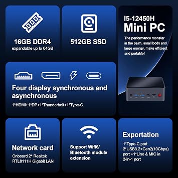 Mini PC Window 11, 16GB DDR5 512GB M.2 SSD Portable Computer, Multi-Port, Support Four Displays Synchronous Asynchronous Display. Pre-Installed Windows 11 Pro Suitable Office/Home