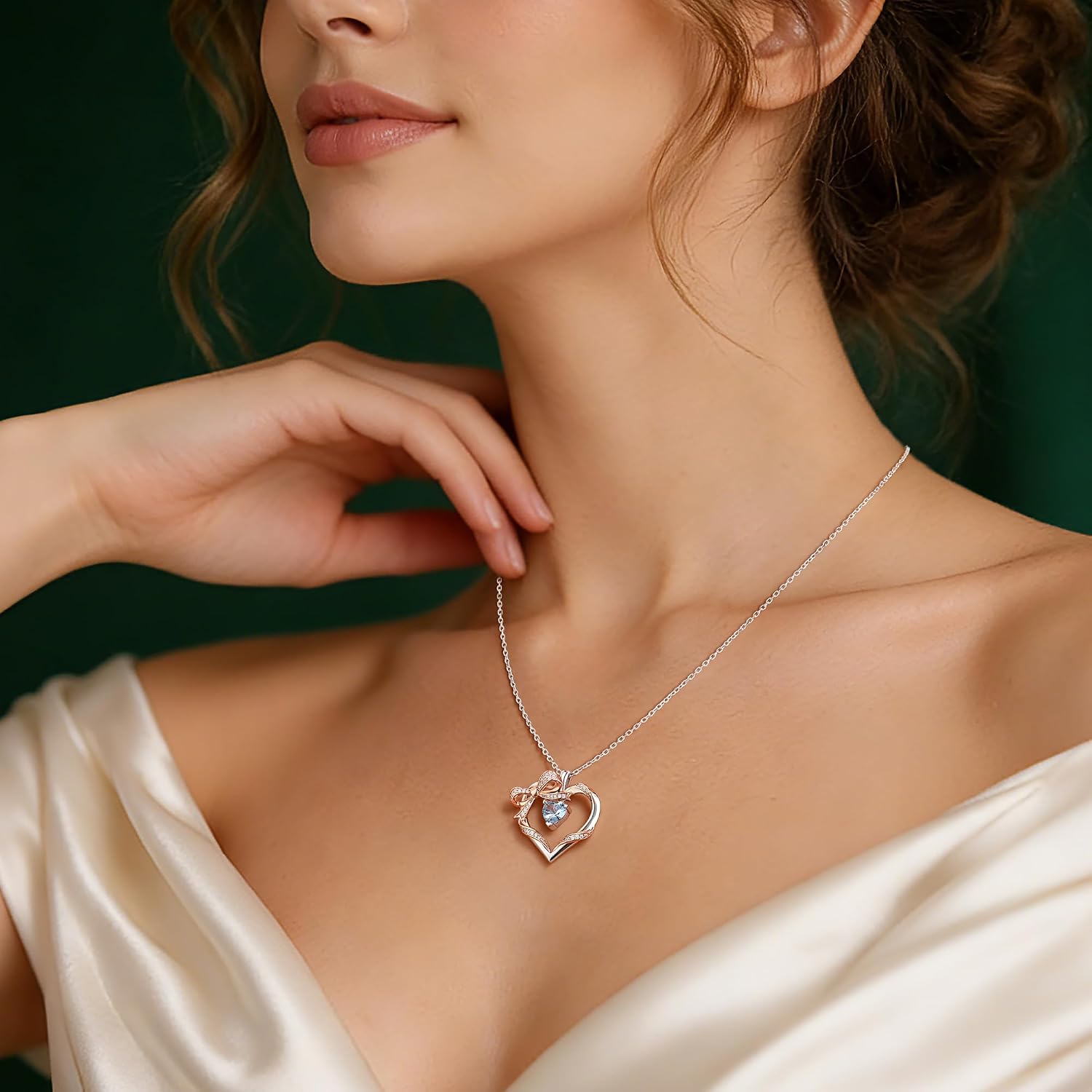 Iefil Birthstone Necklace for Women - 925 Sterling Silver Heart Bow Necklace, Anniversary Birthday Jewelry Gifts for Women Wife Mom