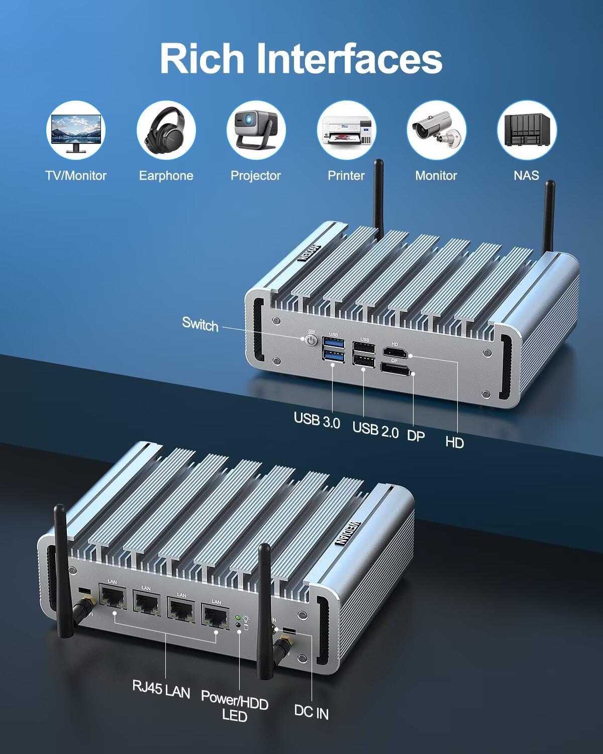 WEIDIAN N100 Firewall PC, Firewall 2.5GbE, Lüfterloser PC, Micro Firewall Appliance, Firewall Hardware, 4 x 2.5GbE NIC, HD, DP, 4USB, SIM Card Slot, Auto Power On, for Home-Server/Network Firewall