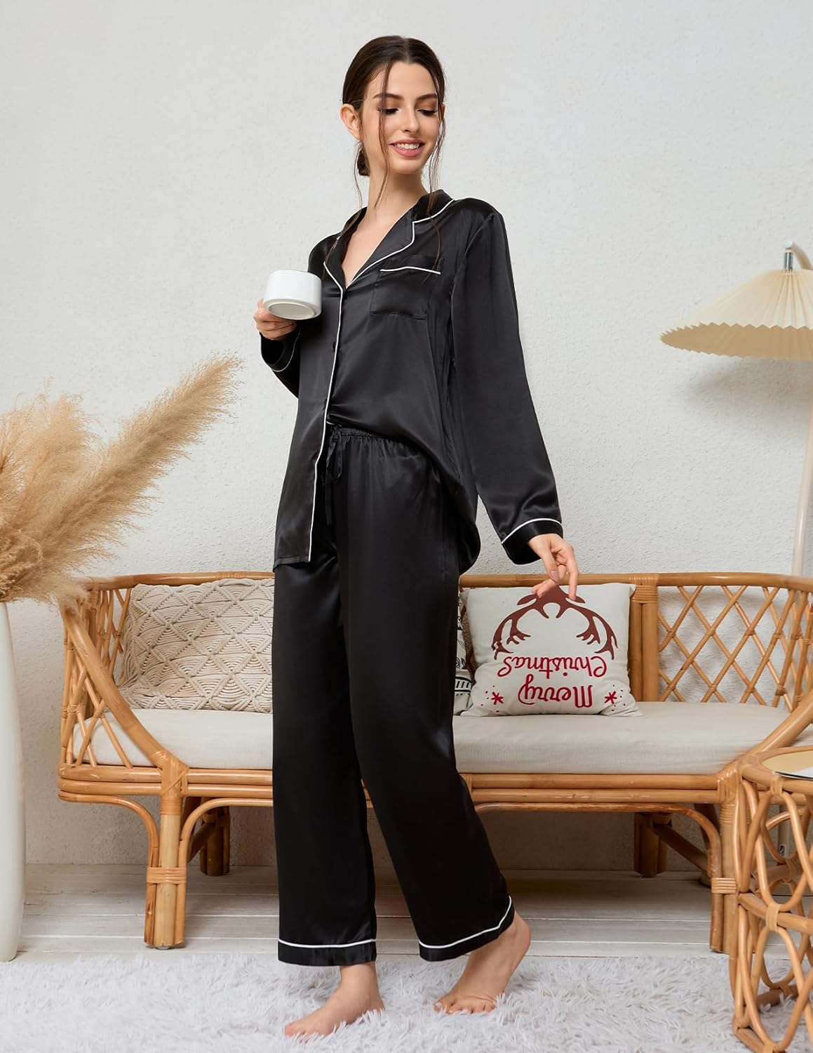 THXSILK Silk Women Pajamas Sets, Long Sleeve Sleepwear Button Down Nightwear, 19 Momme Mulberry Silk PJ Sets - Image 5