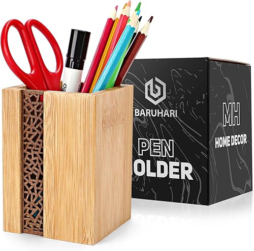 BARUHARI Soporte para bolígrafo de bambú, taza decorativa de estilo japonés y soporte para brochas de maquillaje, organizador de escritorio para el