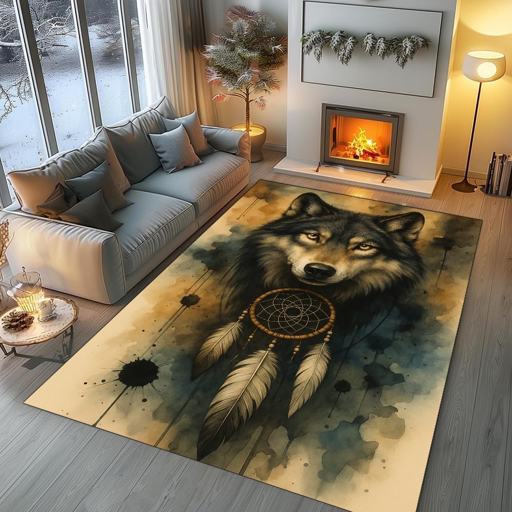 Personalized Wolf Rug for Bedroom Living Room – Custom Name Animal Spirit Carpet Decor – Rustic Tribal Wolf Lover Gift for Men Women Kids – Soft Area Rug for Home, Cabin or Lodge (Wolf 05)