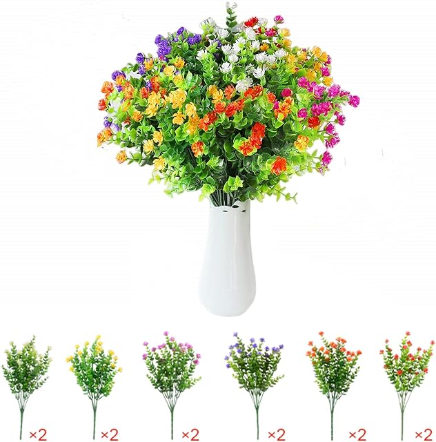 Siganorpy 12 Bundles Artificial Outdoor Flowers, UV Resistant Fake Flowers for Home Decoration, No Fade Faux Plastic Plants for Hanging Garden Porch Window Box Decor6 Color 