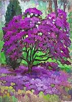 Vista 1 de Rhododendron bush in the garden - The original, unique, high quality Landscape oil painting by artist Vera Bondare 2022, Handmade artwork, Wall Art