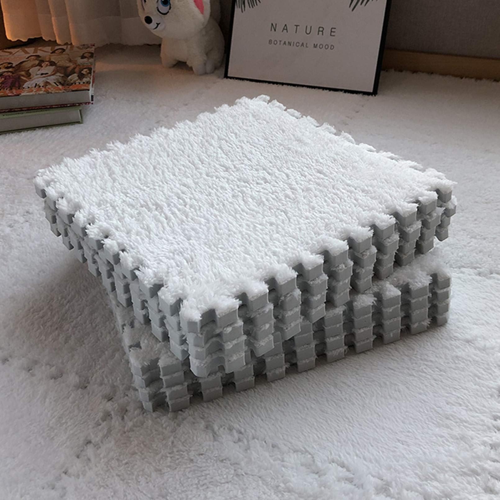 Interlocking Carpet Shaggy Soft EVA Foam Mats Fluffy Area Rugs Protective Floor Tiles Exercise Play Mat for Children Kids Room Home Parlor Bedroom (12 pcs, White)