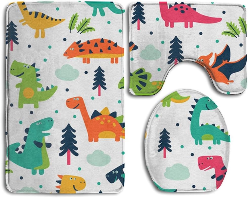 3PCS Bath Non-Slip Cartoon Dinosaur Set Flannel Lid Bath Mat, Contour & Seat Cover Absorbent Bathroom Mat Set with Lantax Backing