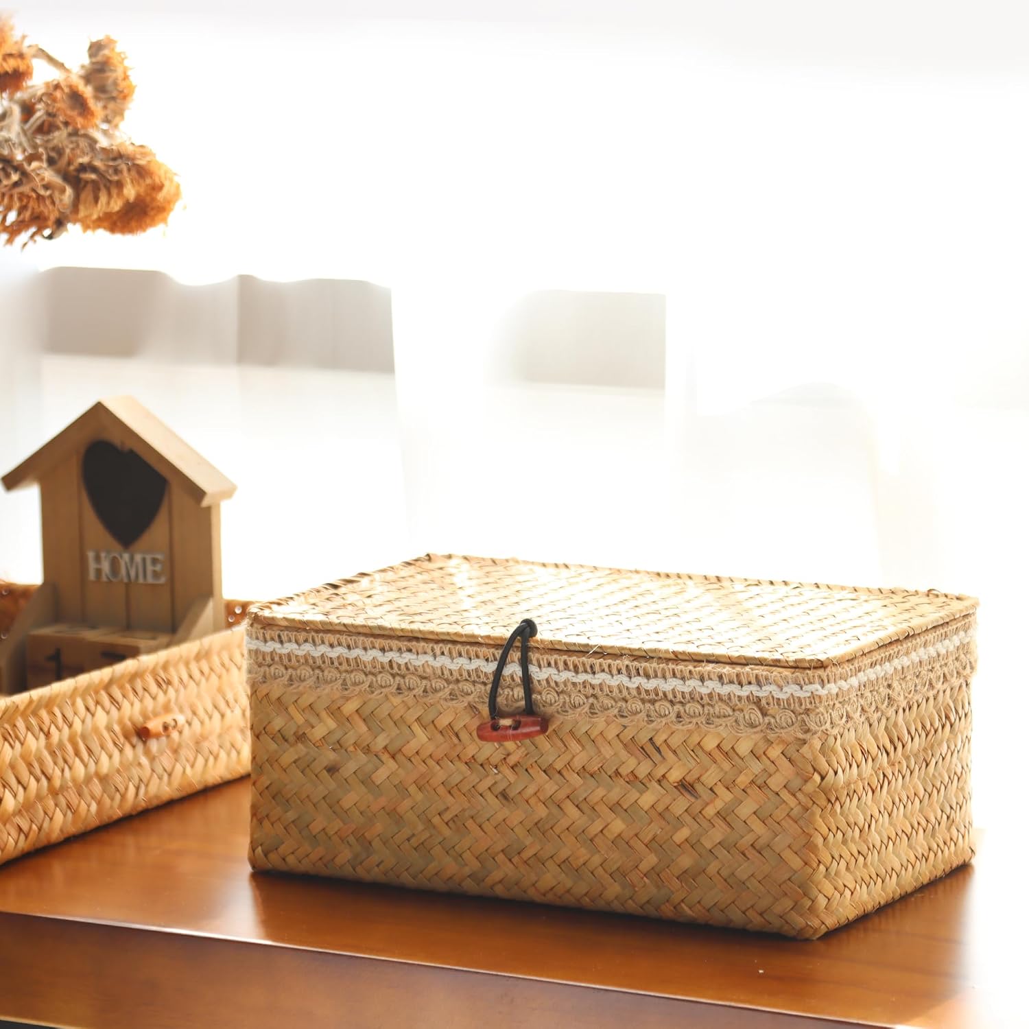 FEILANDUO Wicker Shelf Baskets with Lid - Boho Lace Decorative Storage Boxes, Handwoven Baskets Rectangular Seagrass Bins for Home Organization (Natural, 10.23" x 6.3" x 3.9")