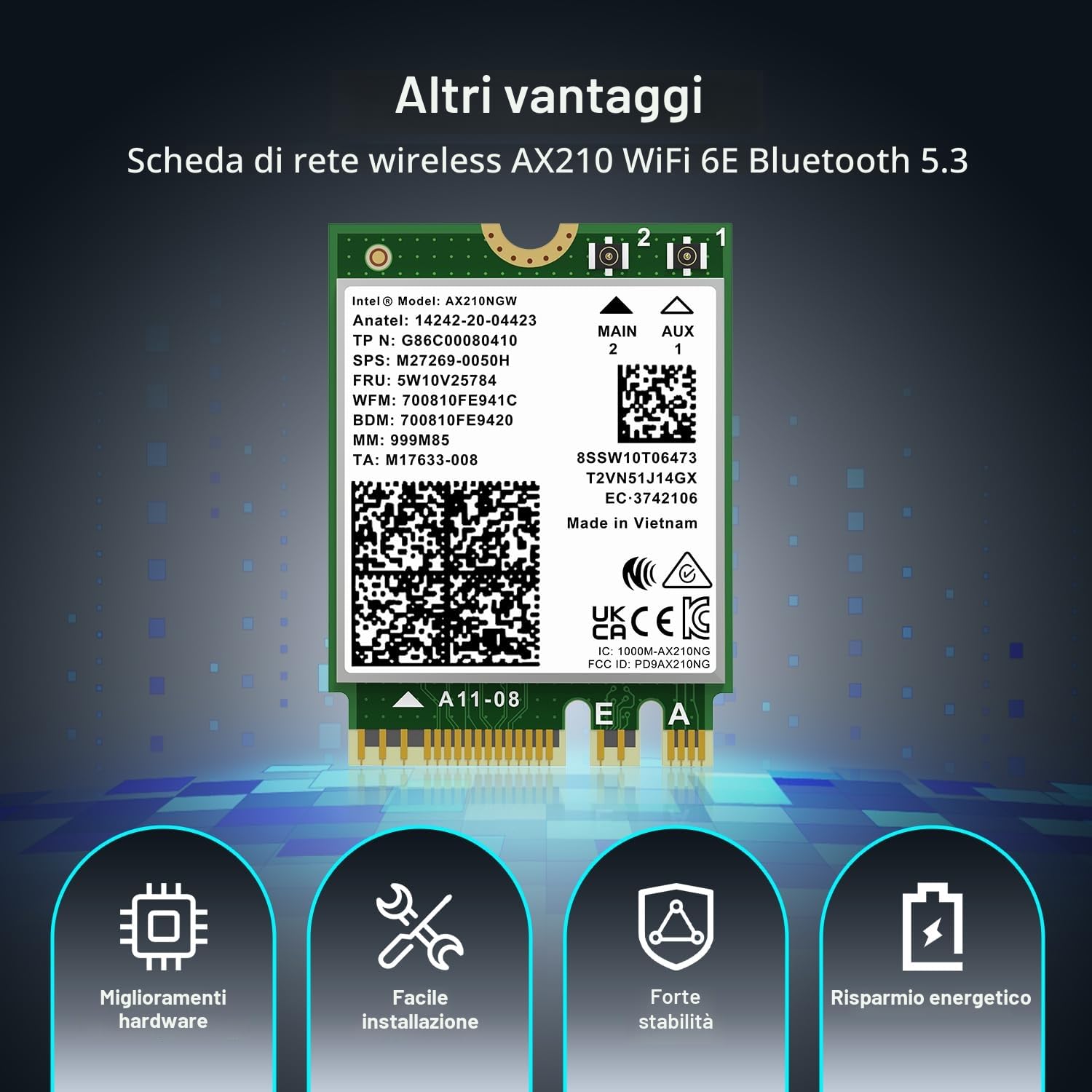 Scheda wireless WiFi 6E AX210NGW, Bluetooth 5.3 Tri-Band 5400Mbps M.2/NGFF Network per PC Laptop Scheda di rete AX210 Supporta Windows 10/11 (64bit)