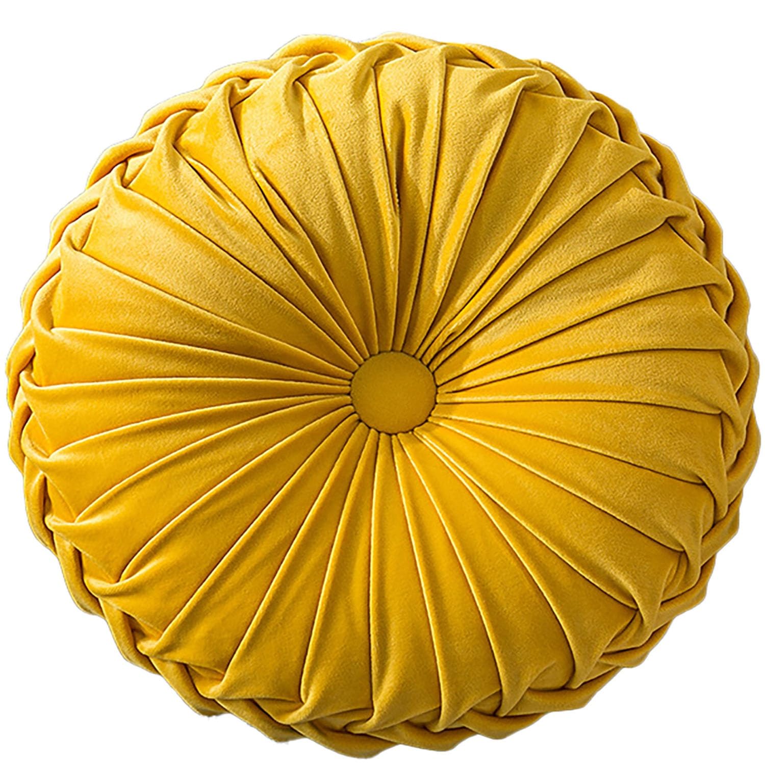 Odaima Yellow Round Pillows Velvet Pleated Circle Pillow Chair Cushion Floor Pillows Home Decorations, For Living Room Couch Chair Bed Car(Yellow)